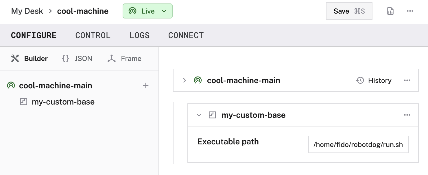Config tab with the Modules subtab open, showing my-custom-base configured.